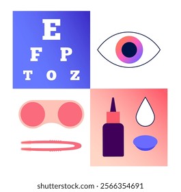 Contact lenses and eye chart. Ocular prosthesis and optometry examining, eyesight check. Vision problem, cosmetic effect or treatment. Refraction error correction flat vector medical illustration