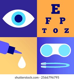 Contact lenses and eye chart. Ocular prosthesis and optometry examining, eyesight check. Vision problem, cosmetic effect or treatment. Refraction error correction flat vector medical illustration