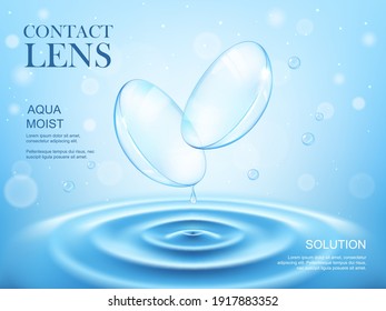 Contact lenses or eye lens in water splash solution, vector drops and ripples background. Contact lenses 3D, product package ad, realistic contacts in aqua moist drops, blur and water ripples