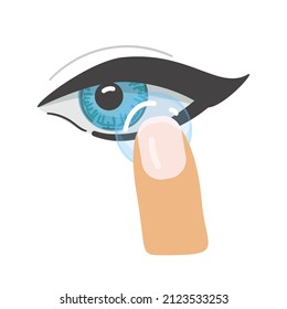Contact lenses for eyes. Put the lens on the eye with your finger. Vector illustration.