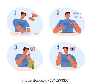 Kontaktlinsen Einfügungsanleitung, flache Vektorgrafik einzeln auf weißem Hintergrund. Mann, der Kontaktlinsen Schritt für Schritt anwendet. Medizinische Infografik. Konzepte der Gesundheitsversorgung und der Augenheilkunde.