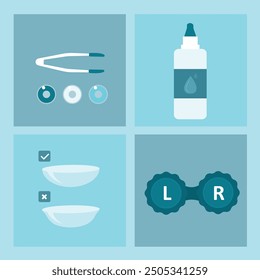 Contact lenses items or icons set. Ophthalmology, medical eyecare, eyesight correction symbols collection. Contact lenses, bottle of cleaning liquid, tweezers and container. flat vector illustration