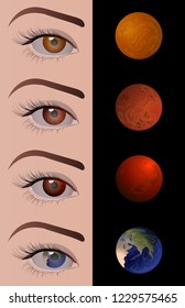 Contact lenses like planets of the solar system. 
Planets of the solar system instead of iris. Set of planets-lenses: Mercury, Venus, Earth, Mars