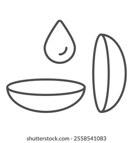 Contact lenses and liquid drop thin line icon, medical optometry concept. Vector graphics. Eye vision lens pair sign on white background, outline style icon for mobile or web design