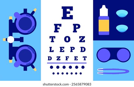 Contact lenses, ophthalmic trial frame and eye chart. Ocular prosthesis and optometry examining. Vision problem, eyesight check and treatment. Refraction error correction vector medical illustration.