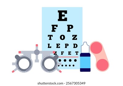 Contact lenses, ophthalmic trial frame and eye chart. Ocular prosthesis and optometry examining. Vision problem, eyesight check and treatment. Refraction error correction vector medical illustration.