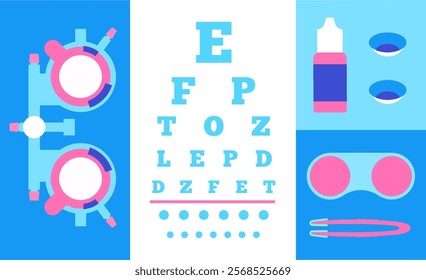 Contact lenses, ophthalmic trial frame and eye chart. Ocular prosthesis and optometry examining. Vision problem, eyesight check and treatment. Refraction error correction vector medical illustration.