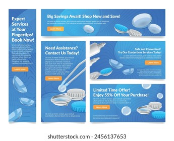 Contact lenses optical vision medical accessory sale banner landing page design template set vector illustration. Ophthalmology eye care eyesight correction comfort hygiene equipment discount poster