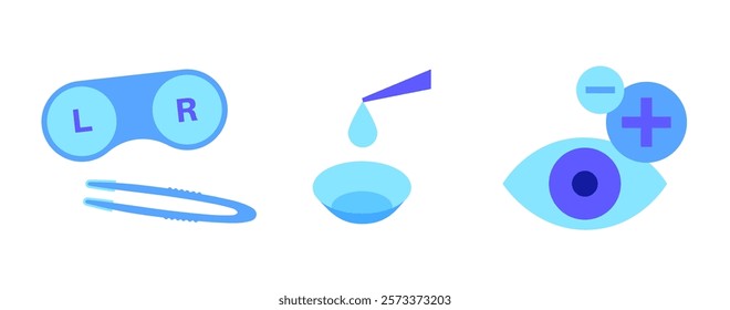 Contact lenses poster, ocular prosthesis, rigid gas permeable, soft or scleral types. Vision problem concept, cosmetic effect or treatment. Refraction error correction flat vector medical illustration