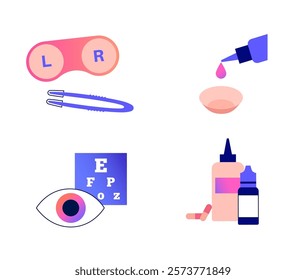 Contact lenses poster, ocular prosthesis, rigid gas permeable, soft or scleral types. Vision problem concept, cosmetic effect or treatment. Refraction error correction flat vector medical illustration