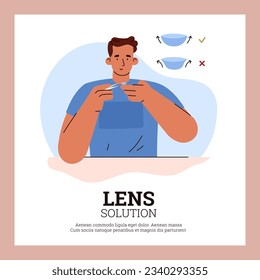 Contact lenses solution advertising poster, man inserting lenses, flat vector illustration. Concepts of healthcare and ophthalmology. Person using tweezers to insert contact lenses.