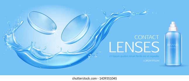 Contact lenses and solution bottle mock up on water splash background, ophthalmology equipment for vision disorder correction, soft breathable contact lens medical ad banner design Realistic 3d vector