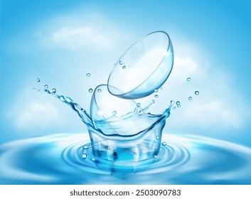 Contact lenses and a splash of blue water. Vector illustration.