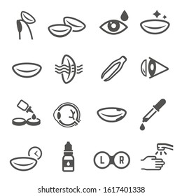 Contact lenses use linear vector icons set. Ophthalmology, medical eyecare, eyesight correction symbols collection. Human eyes, tweezers, eyedropper and pipette thin line illustrations pack