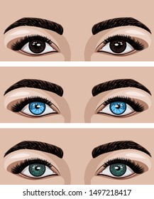 Contact lenses.Beauty open eye with long eyelashes and skin.Color variety iris .Vector illustration.