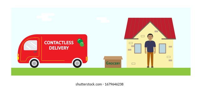 Contact less delivery concept. Contact free delivery icon.  Delivery truck on the city landscape. Coronavirus protection. Hands free delivery. Stock vector illustration, isolated on white background.