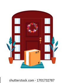 Contact less delivery of products. Cardboard box in front the door. COVID 19 and epidemic prevention concept. On-line shopping during quarantine. Vector illustration.