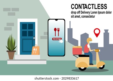 Contact Less Drop Off Food Delivery Concept Art Work With Delivery Rider For Online Restaurant Delivery Food Store Cafe Flat Design Illustration Cartoon 