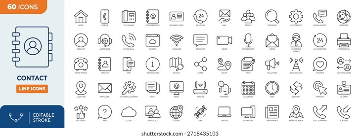 Contact line editable icon set. Contain icons related to support, chat, message, address, info, and more. Editable stroke. Vector illustration