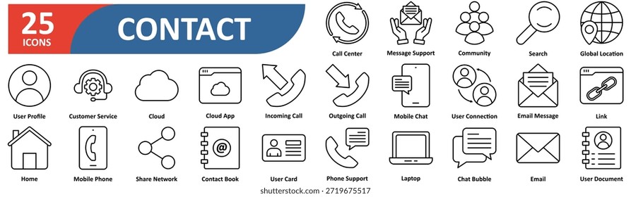Contact line editable icon set. Contain icons related to message, phone, buttons, support, location, chat, business, mobile, address