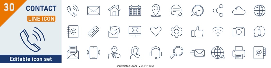Conjunto de ícones da linha de contato. Conjunto de 30 ícones de tópicos relacionados a telefone, site, e-mail, mensagem, símbolo de bate-papo e outros. Coleção de ícones da estrutura de tópicos do contato. Ilustração vetorial.