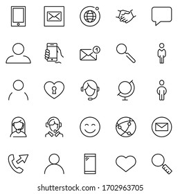 Juego de iconos de línea de contacto. Colección de logotipo de esquema negro de alta calidad para conceptos móviles y aplicaciones web. Contacto en estilo moderno y plano. Ilustración del vector en un fondo blanco