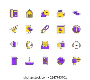 Contact line icon set. Editable stroke. Pixel perfect icons set. Basic contact logo. Set contains such icons as Support, phone, router, Message, Telephone, contact book, Mail, Site, Notification