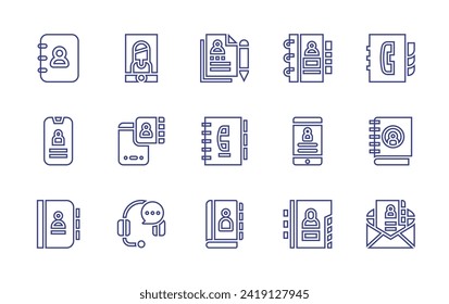 Conjunto de iconos de la línea de contacto. Trazo editable. Ilustración vectorial. Consta de videocall, libreta de contactos, contactos, smartphone, auriculares, agenda, agenda, agenda, agenda, agenda, agenda, agenda, agenda, agenda, agenda, contacto.