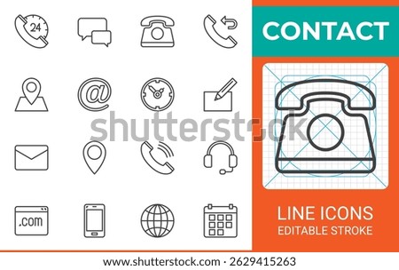 Contact line icon set. Outline vector symbols for communication and support. Includes icon of phone, email, location, chat, 24h service, headset, mobile, web, clock, calendar