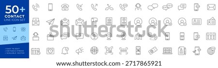 Contact line icon set of vector line icons for communication, featuring phone calls, email, mobile chat, customer support, location, map pins, and calendar elements for web and app user interfaces.