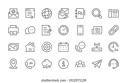Contact Line Icons. Editable stroke linear icon set for mobile and web. Contains such icons as Chat, Email, Phone, Location, Support. Vector illustration