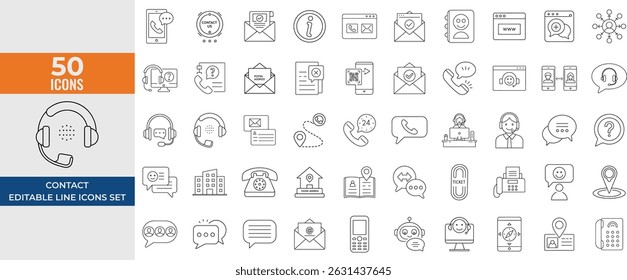 Conjunto de iconos de línea de contacto: chat, teléfono, correo electrónico, mensaje, Asistencia, Dirección, Servicio al cliente, Sitio web, comunicación: Ilustración vectorial editable.