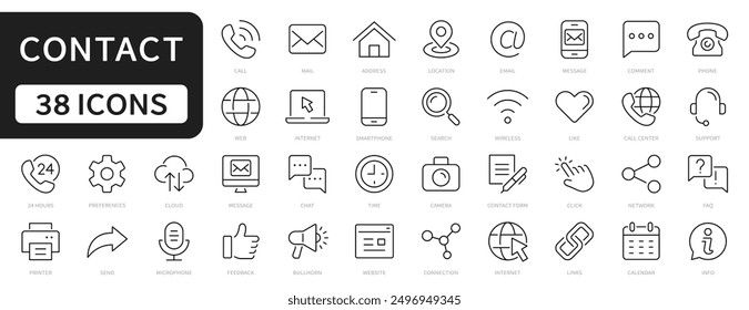 Conjunto de iconos de línea de contacto. Contacto, teléfono, correo, llamada, Dirección, Web, mensaje, chat, Asistencia editable icono de trazo. Vector