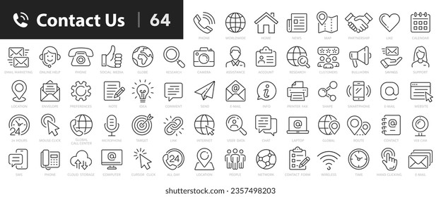 Conjunto de iconos de la línea de contacto. Colección de iconos de contorno de símbolos de contacto 64. Chat, llamada, soporte, dirección, sitio web, mensaje, teléfono - vector stock.