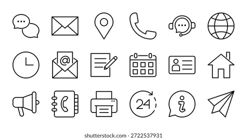 Los iconos de línea de contacto establecen la Ilustración vectorial. Trazo editable