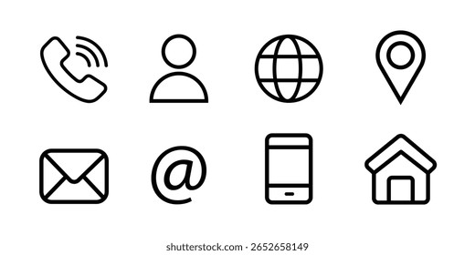 Contact line icons. Contact sign vector set. Telephone number symbol. Email logo. Mail envelope sign. Location address line icon set