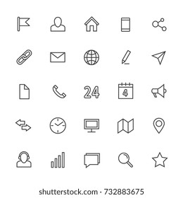 Contact line vector icons. Media and internet communication outline symbols. Communication web icons, pin and star, connection and address line icon illustration