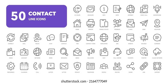 Contact line web icon set. Outline icons collection. Vector illustration