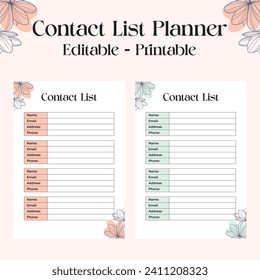 Contact List, Contacts Planner, Contact Sheet, Contact List Template Small Business. Contact List Planner Template. 