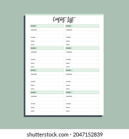 Contact List Insert Page, Emergency Contact Info