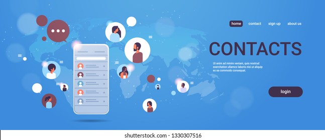 Contact List Of Mix Race People Social Network Communication Concept Smartphone Select Contacts Screen Chatting Messaging Mobile Application World Map Background Horizontal