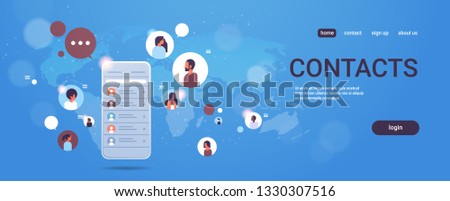 contact list of mix race people social network communication concept smartphone select contacts screen chatting messaging mobile application world map background horizontal