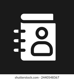 Contact list pixel dark mode glyph ui icon. Personal information. User interface design. White silhouette symbol on black space. Solid pictogram for web, mobile. Vector isolated illustration