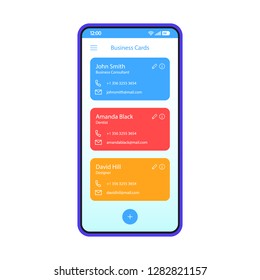 Contact list smartphone interface vector template. Business cards scanner. Phonebook. Mobile app interface design layout. Phone book screen. Flat UI for application. Phone display