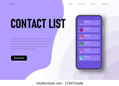 Contact List Webpage Template, List Of Contacts On The Phone Screen. Flat Style