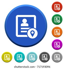 Contact location round color beveled buttons with smooth surfaces and flat white icons