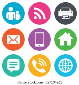 Contact, mail icons. Communication signs. E-mail, chat message and phone call symbols. Flat circle buttons. Vector