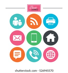 Contact, mail icons. Communication signs. E-mail, chat message and phone call symbols. Colorful flat buttons with icons. Vector
