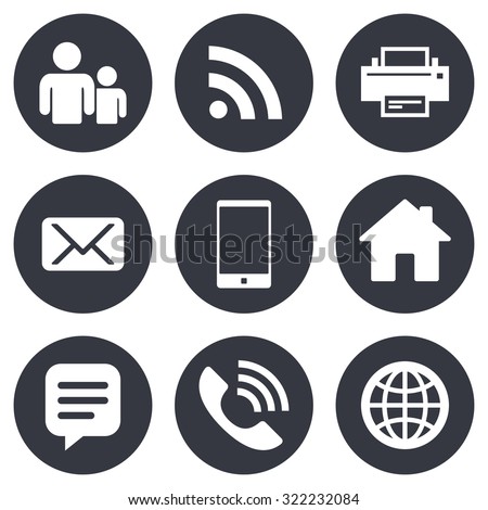 Contact, mail icons. Communication signs. E-mail, chat message and phone call symbols. Gray flat circle buttons. Vector