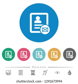 Contact message flat white icons on round color backgrounds. 6 bonus icons included.